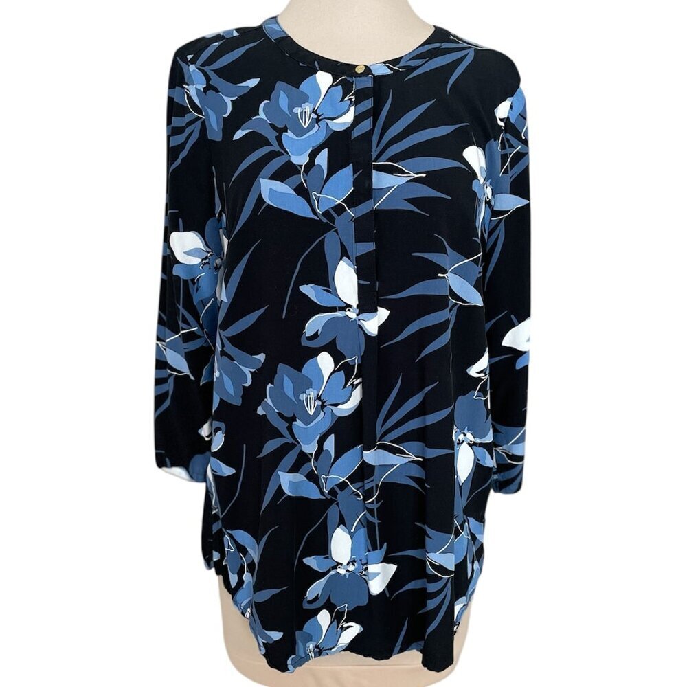 Liz Claiborne Women's Black/Blue Floral 3/4 Sleeve Blouse Size M EUC